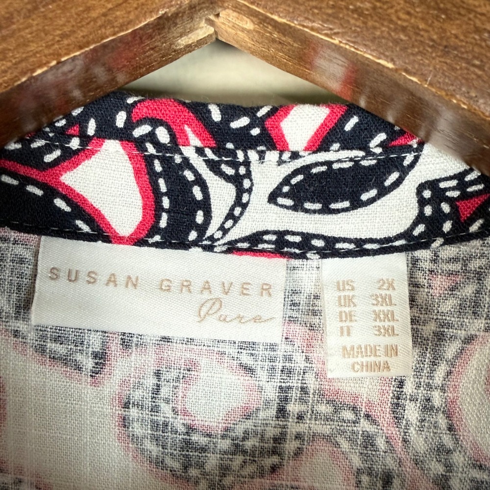 Susan Graver Pura Floral Navy/Pink/White Button Down Rayon/LinenShirt 2X - Picture 3 of 7